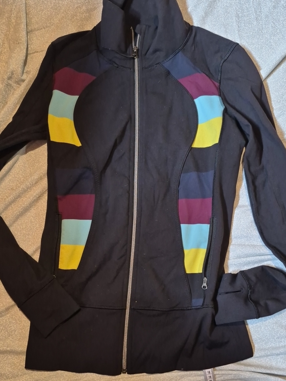 Black Zip-Front Women's Jacket with Colorful Stripe Panels